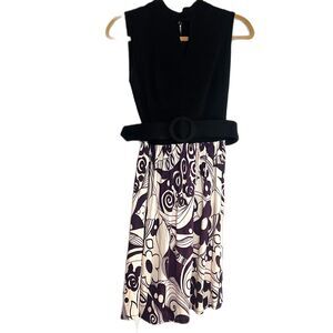 VTG Early 60s Mod Mini Dress Black Keyhole Purple Flower Print Swirl Skirt Belt